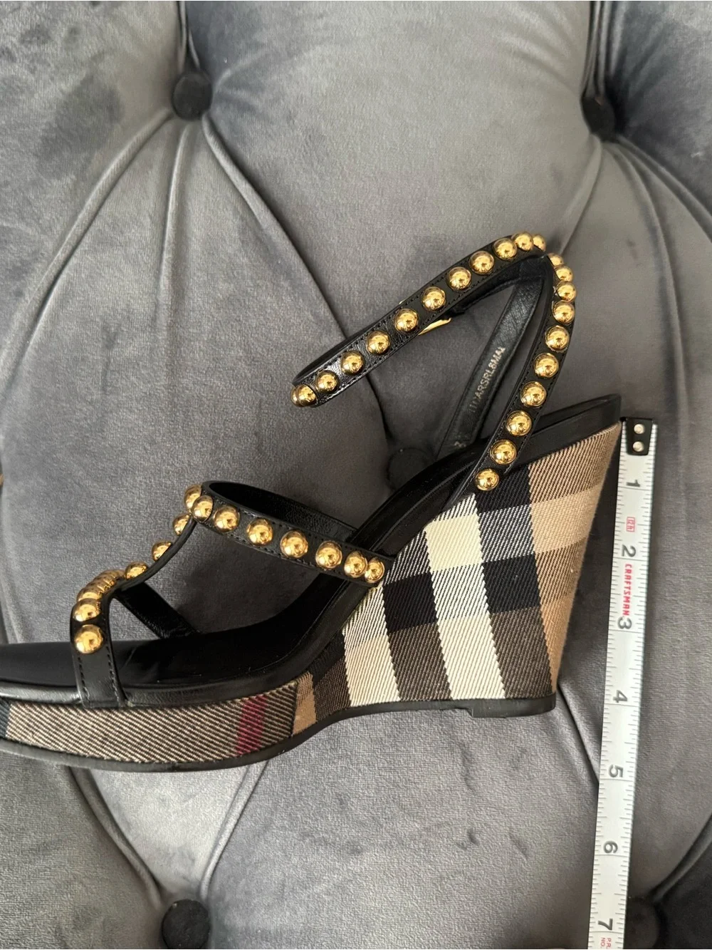 Worn Once! Burberry Black Strappy Studded Check Wedge Sandals